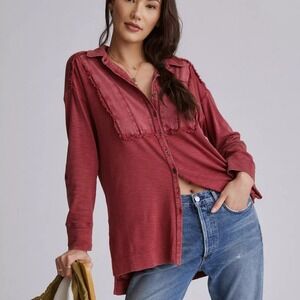 Pilcro Frayed Tunic Buttondown Blouse Wine Oversized Roll Tab Sleeve Boho Size S